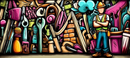 Colorful doodle illustration of construction worker surrounded by tools and materials.