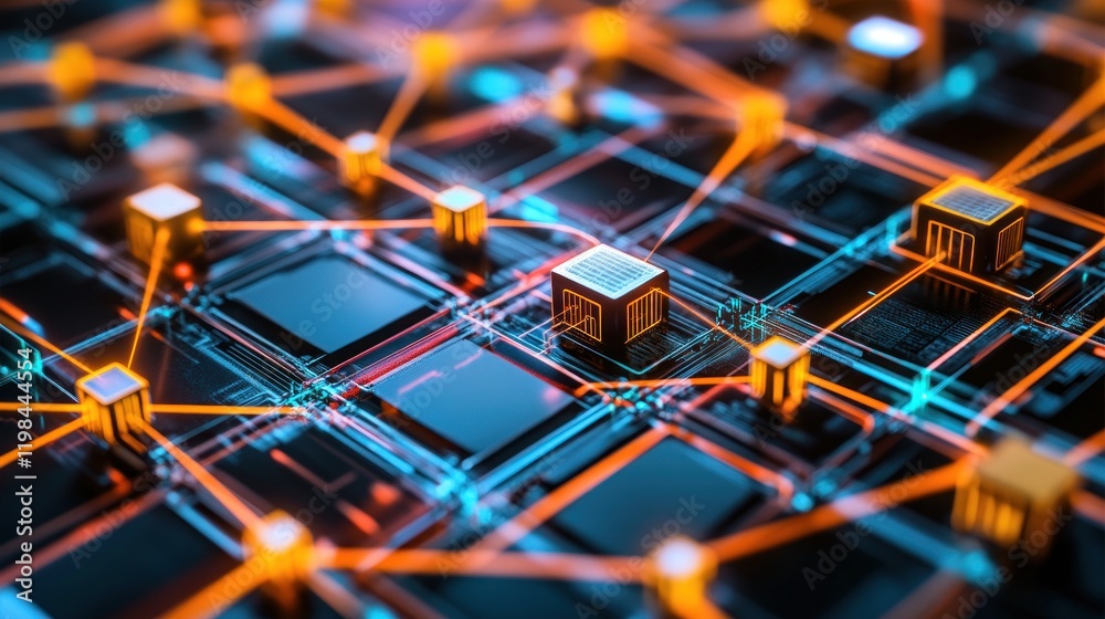 Poster abstract network data visualization: interconnected cubes on a circuit board