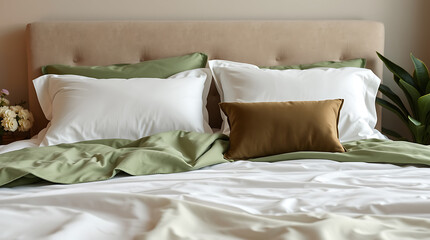 Calming Bedroom Interior: Serene Green and White Bedding Design. Experience ultimate comfort and relaxation in this peaceful oasis. Perfect for sleep and rest.