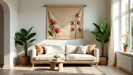 Serene living room interior design featuring a beige sofa with throw pillows, complemented by potted plants and a floral wall hanging, creating a calming atmosphere