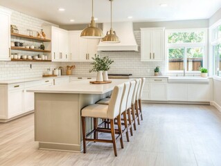 Bright Modern Kitchen Island with White Cabinets and Gold Accents