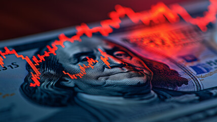 Financial Fluctuations: A close-up shot of a US dollar bill overlaid with a dynamic red line graph, symbolizing the ever-changing nature of the financial market.