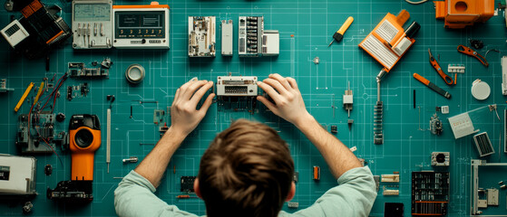 A person working on electronic components at a workbench, surrounded by various tools and equipment.