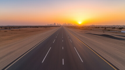 Fototapeta premium long, empty highway stretches towards distant city skyline at sunrise, evoking sense of solitude and tranquility in desert landscape
