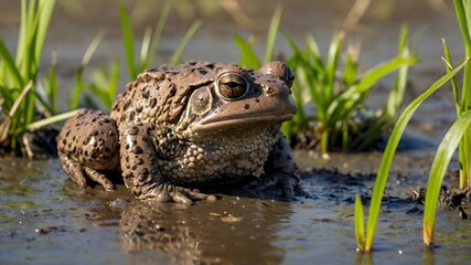 Obraz premium In the Wild: Common Toad Amid Mud, Reeds, and Water in Its Natural Habitat