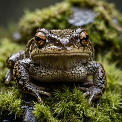 Obraz premium Nature’s Detail: Close-Up Portrait of a Common Toad on Moss-Covered Rock