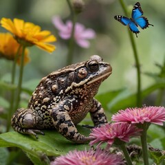 Obraz premium Spring Serenade: Common Toad and Butterfly in a Lush Garden