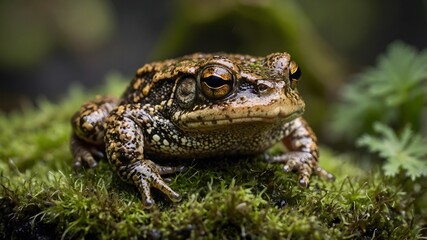 Obraz premium Mossy Perch: Close-Up of Common Toad Resting on Rock