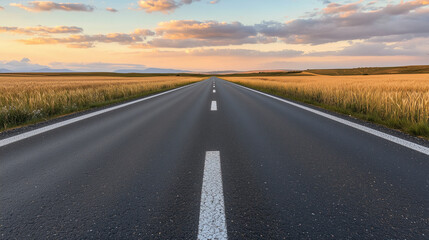Naklejka premium long, empty highway stretches into distance at sunrise, surrounded by golden fields under sky filled with soft clouds, evoking sense of solitude and tranquility