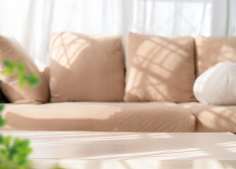 Empty table with minimalist clean living room background