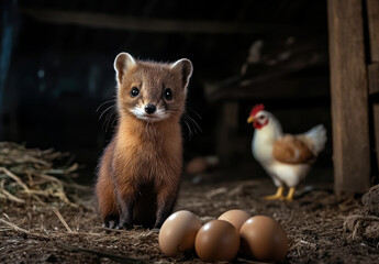 A charming scene unfolds as a curious marten observes freshly laid eggs in a rustic barn, while a hen casually strolls in the background, adding to the farm's charm.