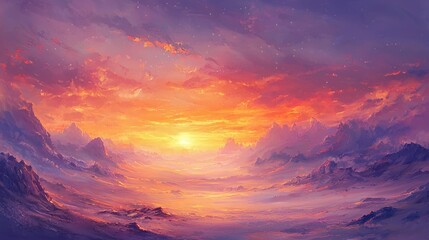 Vibrant sunset over a vast, mystical mountain range.