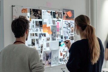 Two individuals discussing ideas in front of a collaborative mood board filled with images and notes.