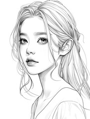 Fototapeta premium Asian woman model drawn in cartoon style. Female virtual K-pop idol coloring book. Korean Girls model with black and white line.
