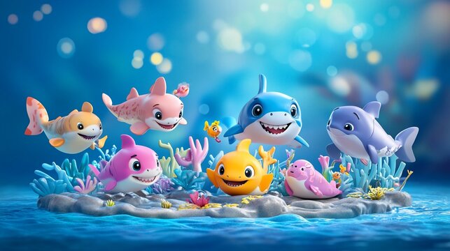 Fototapeta Adorable cartoon sharks swimming and playing in a vibrant underwater scene.