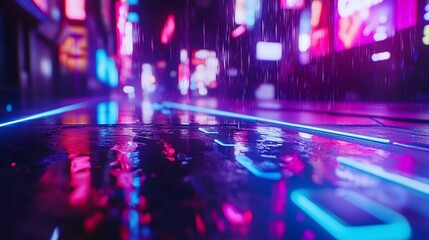 Fototapeta premium Rainy night city street with neon lights reflecting on wet pavement.