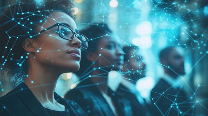 A group of diverse individuals gazes thoughtfully, overlaid with a digital network graphic, symbolizing innovation and connection in technology.