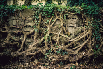 Obraz premium Wall covered in roots and ivy. The roots are brown and the ivy is green