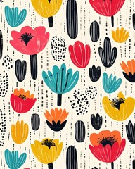 Colorful floral pattern featuring various stylized flowers and plants on a light background.