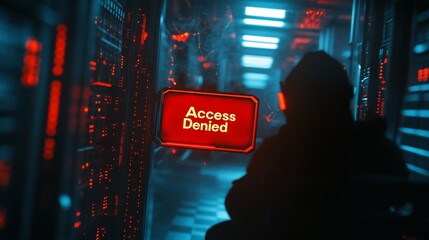 Hacker facing access denied message in a server room.