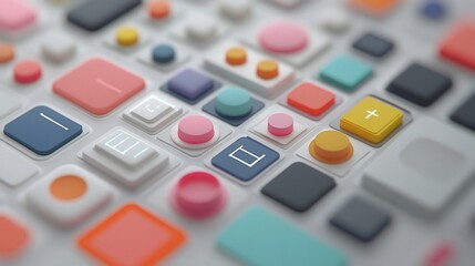 Colorful 3D rendered buttons and interface elements.