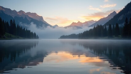 Golden sunset bathes a serene lake nestled among majestic mountains. Light blue sky meets vibrant oranges as day yields to night