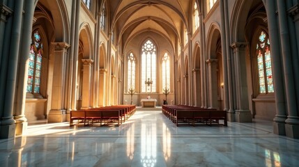 Fototapeta premium Sunlit sanctuary, rows of pews, stained glass windows, and marble floor in a grand hall with high arched ceilings and elegant columns.