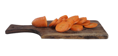Front view sliced carrot on wooden cutting board isolated on transparent background