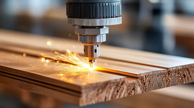 Laser cutting wood with sparks flying, showcasing advanced manufacturing techniques