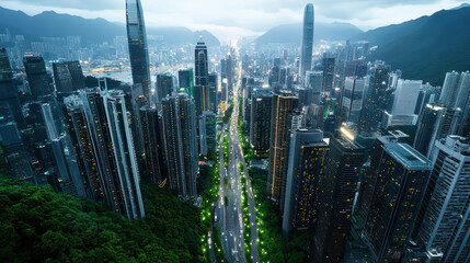 Obraz premium Aerial view of modern city skyline with skyscrapers and greenery