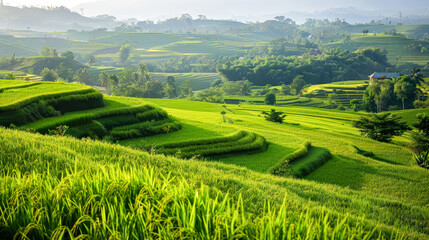 Obraz premium Lush green field with a cloudy sky in the background. The field is full of grass and has a peaceful, serene atmosphere