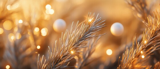 Close-up of illuminated pine branches with ornaments.