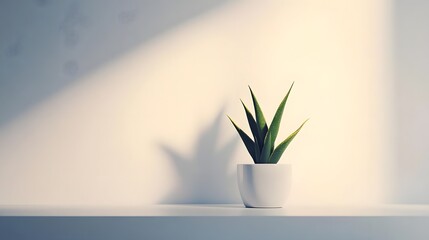 A minimalist potted plant casting a shadow on a bright wall, emphasizing tranquility.