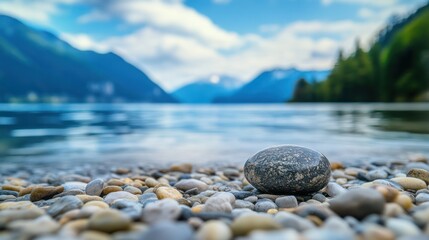 Serene Lakeside Serenity: A Single Stone on a Pebble Beach with Majestic Mountains