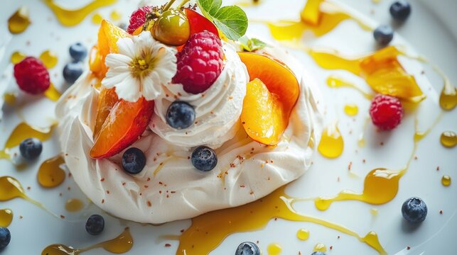 Delicious pavlova dessert with fresh berries and honey.