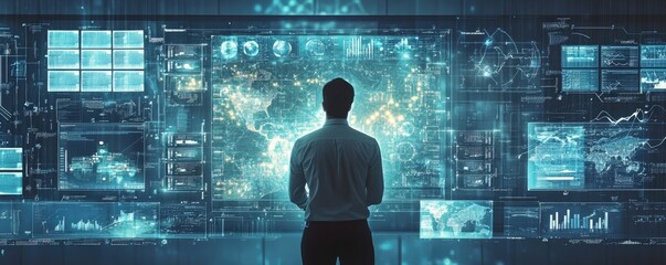 A person stands before a futuristic digital interface displaying data and analytics, immersed in a high-tech environment.