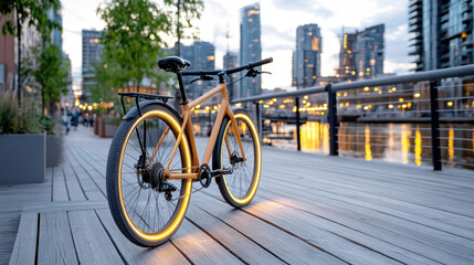 Fototapeta premium modern bicycle with glowing wheels on waterfront promenade at sunset