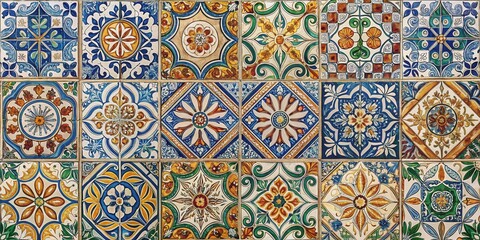Intricate Ceramic Tile Mosaic A Colorful Array of Floral and Geometric Patterns