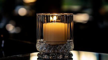 A single lit candle in a crystal holder on a reflective surface.