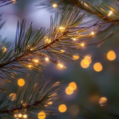 Warm fairy lights strung on pine tree branch at dusk.