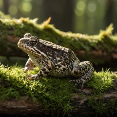 Obraz premium Woodland Serenity: Natter jack Toad on Mossy Log in Tranquil Forest