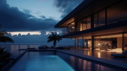 Fototapeta premium Oceanfront Modern Villa at Dusk: Luxury Coastal Living