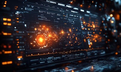 Fototapeta premium Futuristic digital interface; glowing orange data streams.