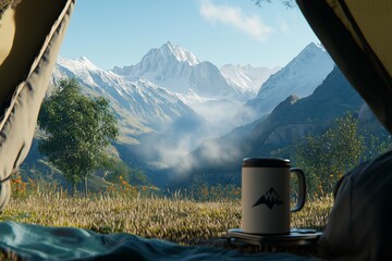 A morning view from a tent with a coffee mug placed on a camping stove surrounded by mountains.