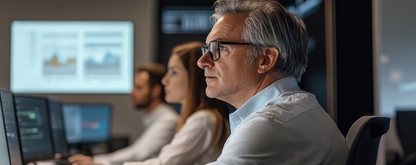 A focused team working in a modern office environment, analyzing data and engaging with technology for effective decision-making.