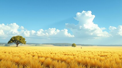Obraz premium Golden wheat sways in an expansive field, framed by a lone tree. Light blue skies stretch overhead, inviting and serene