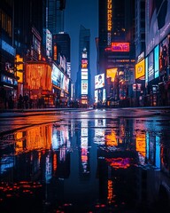 Obraz premium Vibrant city street at night, reflecting in a puddle.