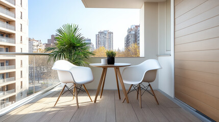 Minimalist balcony with small table and chairs, featuring greenery