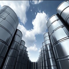 Metal Barrels Lined up Under a Blue Sky With Clouds at an Industrial Facility During the Day