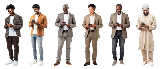 PNG Diverse men using smartphones happily, element set on transparent background